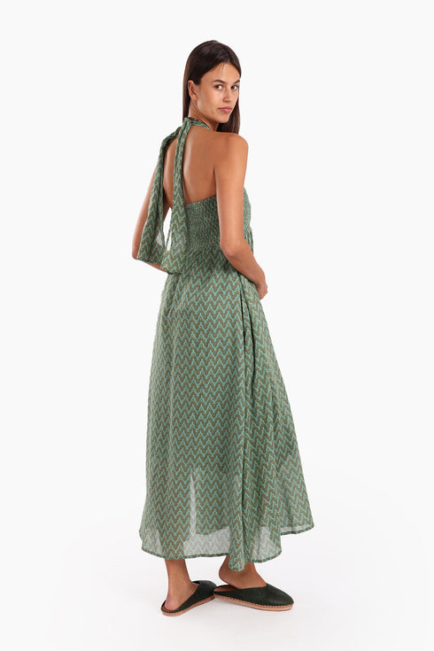 Dress in printed cotton gauze with halter neck tie